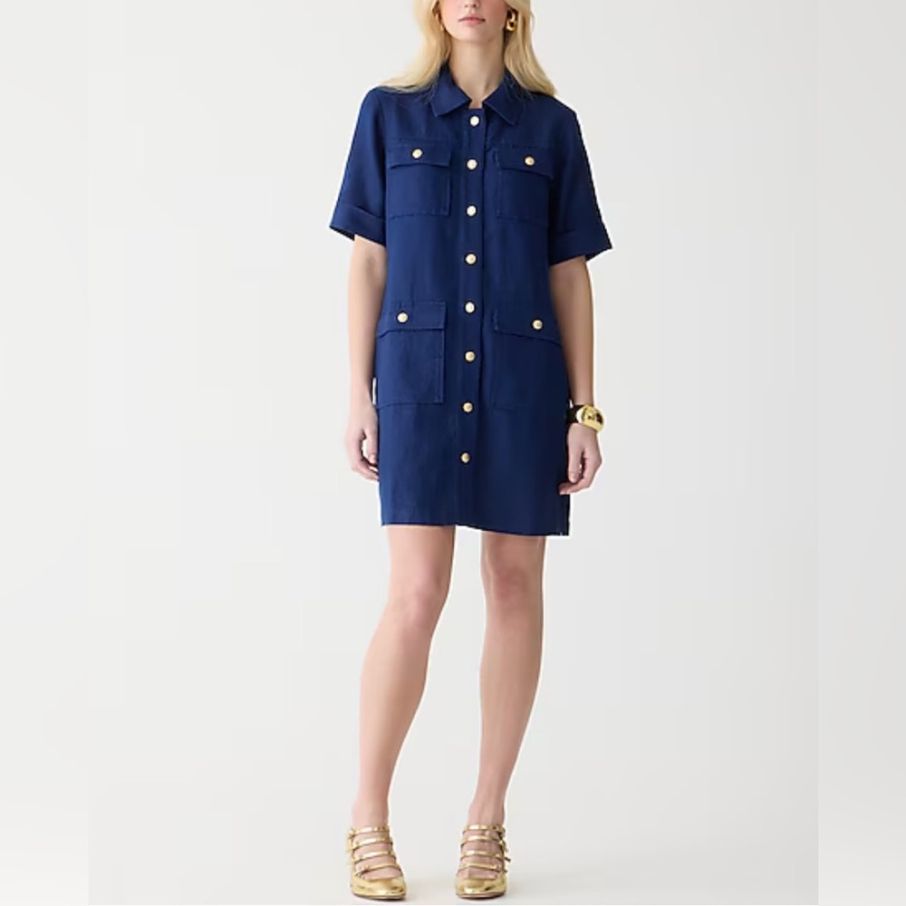 J. Crew Gamine Shirtdress Linen Blue Gold Button Size 4